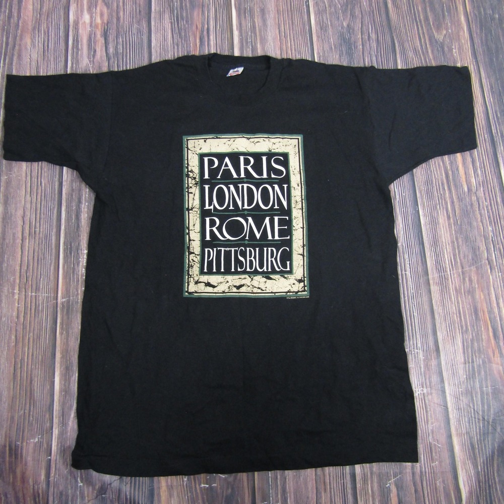 Fruit of the Loom T-Shirt Mens XL Black Paris London Rome Pittsburg Vintage USA